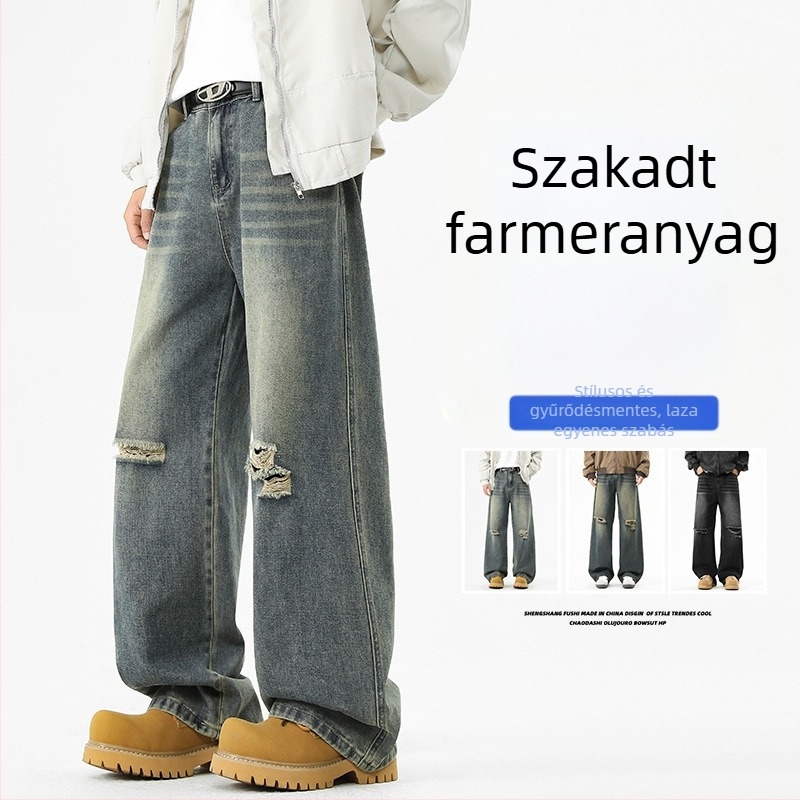 Férfi denimnadrág, magas derék, széles szárú, vintage kopott dizájn, laza szabás, hétköznapi viselet