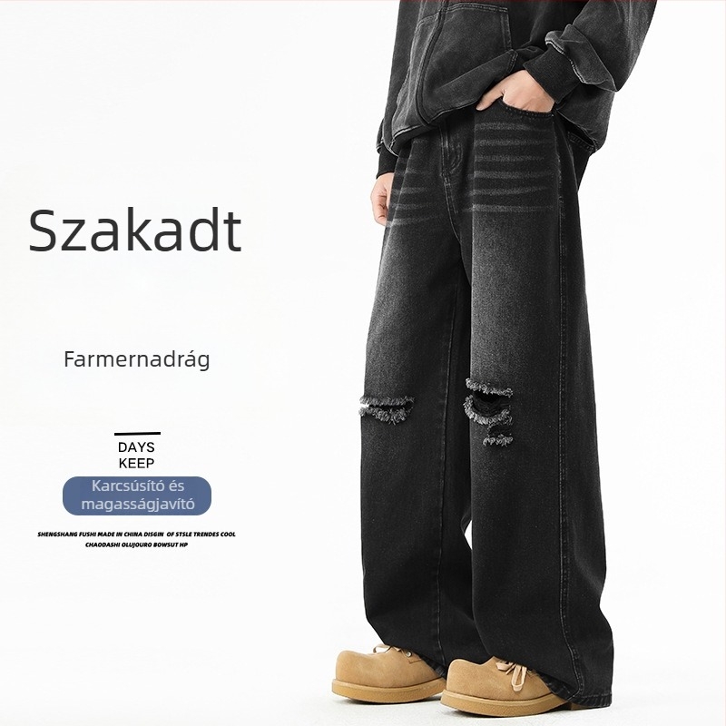Férfi denimnadrág, magas derék, széles szárú, vintage kopott dizájn, laza szabás, hétköznapi viselet