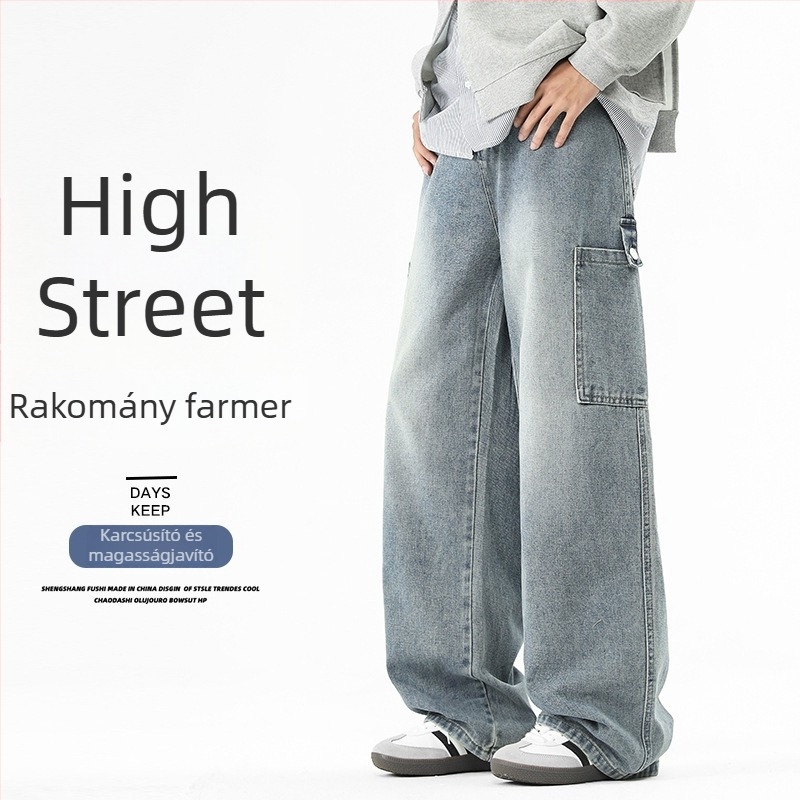 Férfi denimnadrág, magas derék, széles szárú, vintage kopott dizájn, laza szabás, hétköznapi viselet