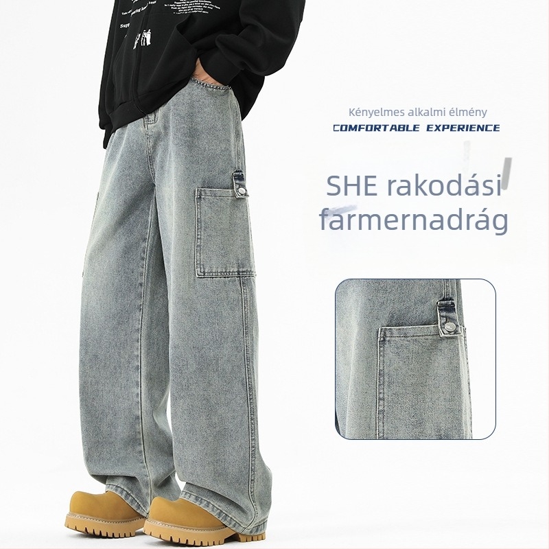 Férfi denimnadrág, magas derék, széles szárú, vintage kopott dizájn, laza szabás, hétköznapi viselet