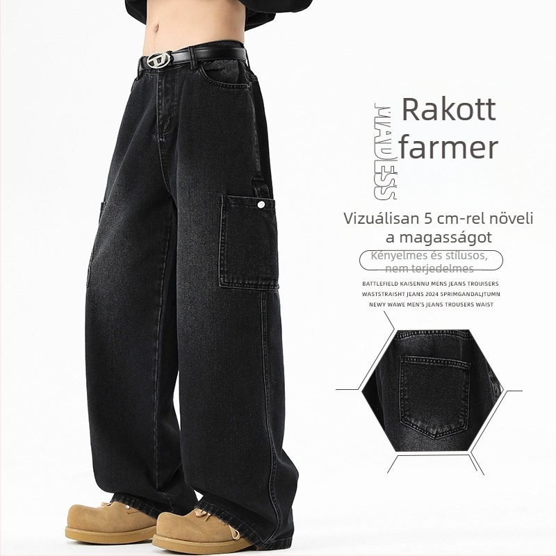 Férfi denimnadrág, magas derék, széles szárú, vintage kopott dizájn, laza szabás, hétköznapi viselet
