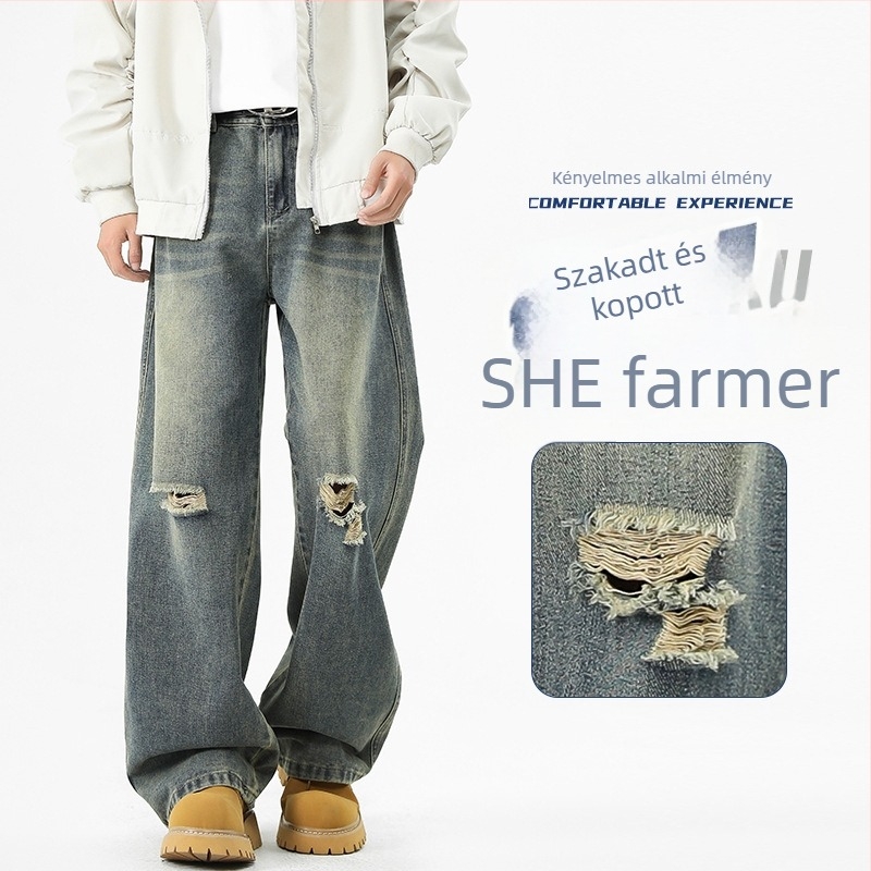 Férfi denimnadrág, magas derék, széles szárú, vintage kopott dizájn, laza szabás, hétköznapi viselet