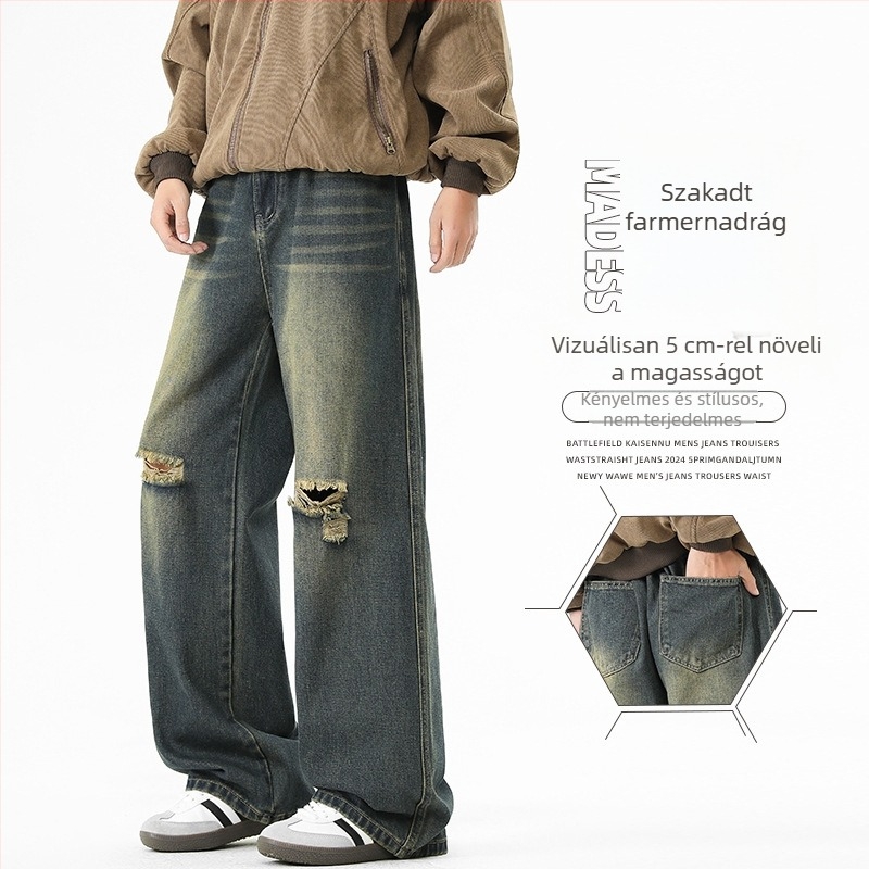 Férfi denimnadrág, magas derék, széles szárú, vintage kopott dizájn, laza szabás, hétköznapi viselet