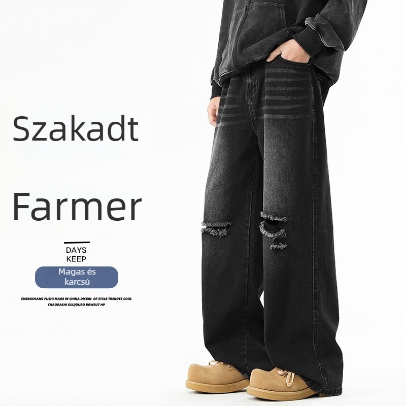 Férfi denimnadrág, magas derék, széles szárú, vintage kopott dizájn, laza szabás, hétköznapi viselet