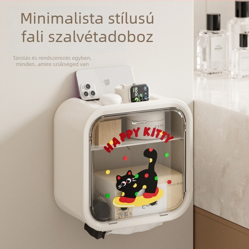 Macskás vécépapírtartó falra szerelhető, fúrás nélkül, vízálló, nagy kapacitású