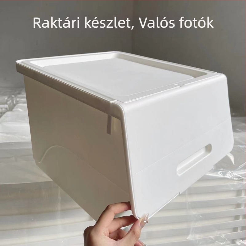 Műanyag tároló doboz elöl nyíló fedéllel, 35 L, egymásra helyezhető, konyhához és hálószobához