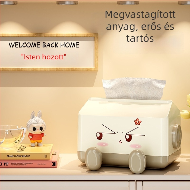 Karikatúrás papírzsebkendő doboz, krém színű asztali tároló, otthoni használatra