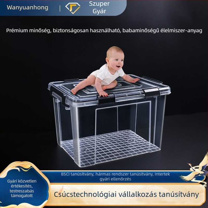 Átlátszó tárolódoboz ruhákhoz, paplanokhoz, teához és száraz élelmiszerekhez; nedvességálló, zárható műanyag doboz, 90–100 L, 7 méretben