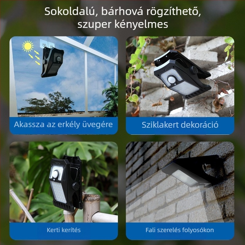 Napelemes klipsz LED-lámpa kültérre, nagy fényerősségű mozgásérzékelős világítás kerítésre, kertre és erkélyre