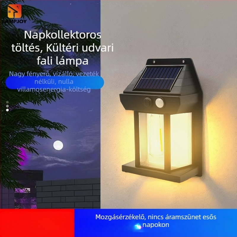 Napelemes falikar mozgásérzékelővel, három üzemmóddal, sötétben automatikus felkapcsolás, kerti éjjeli világítás