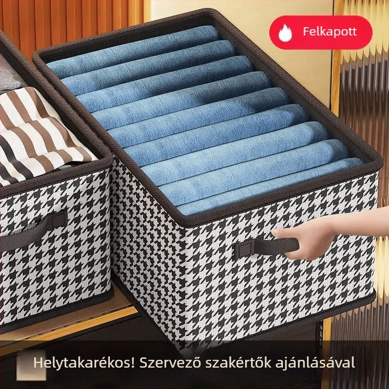 Textilből készült tároló doboz kockás mintával, kopásálló, hálószobai ruhák rendezésére szolgáló vitrín, porvédett, összecsukható