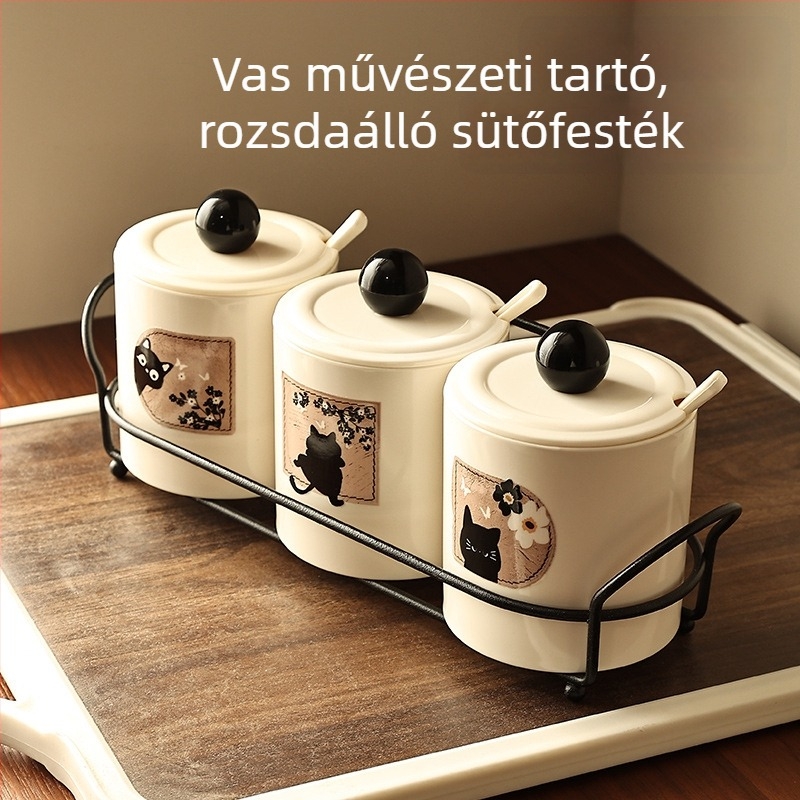 Ősi stílusú falra szerelhető fűszertartó készlet, só- és MSG-tárolóval