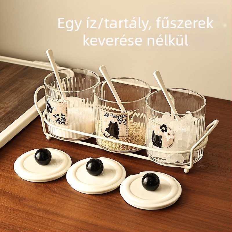 Ősi stílusú falra szerelhető fűszertartó készlet, só- és MSG-tárolóval