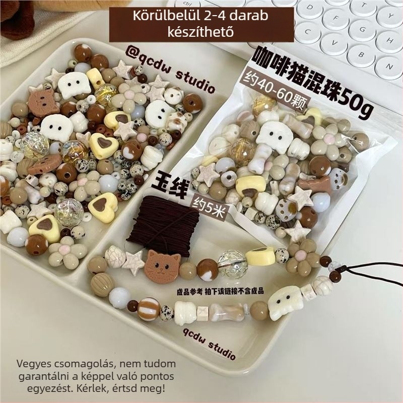 DIY készlet akril gyöngyökkel telefonlánc és karkötő készítéséhez Coffee Cat Cocoa Milk Coffee motívummal