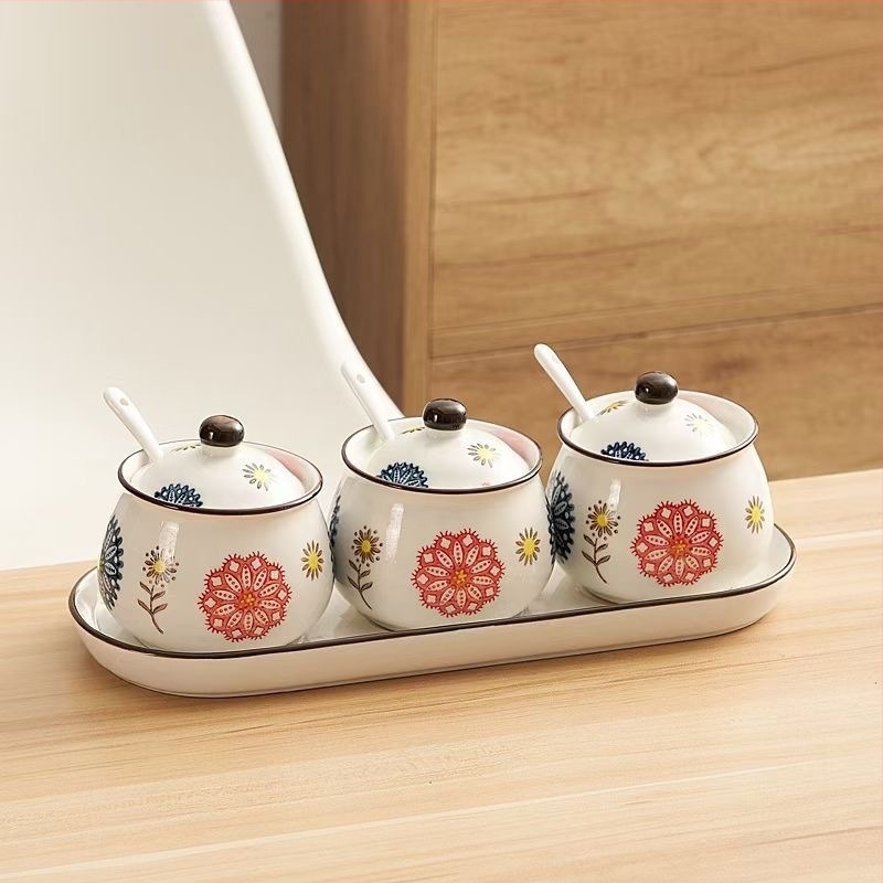 Japán stílusú kerámia fűszertartó készlet – sótartó, csiliolajos tartó, zsiradéktartó, MSG-tartó