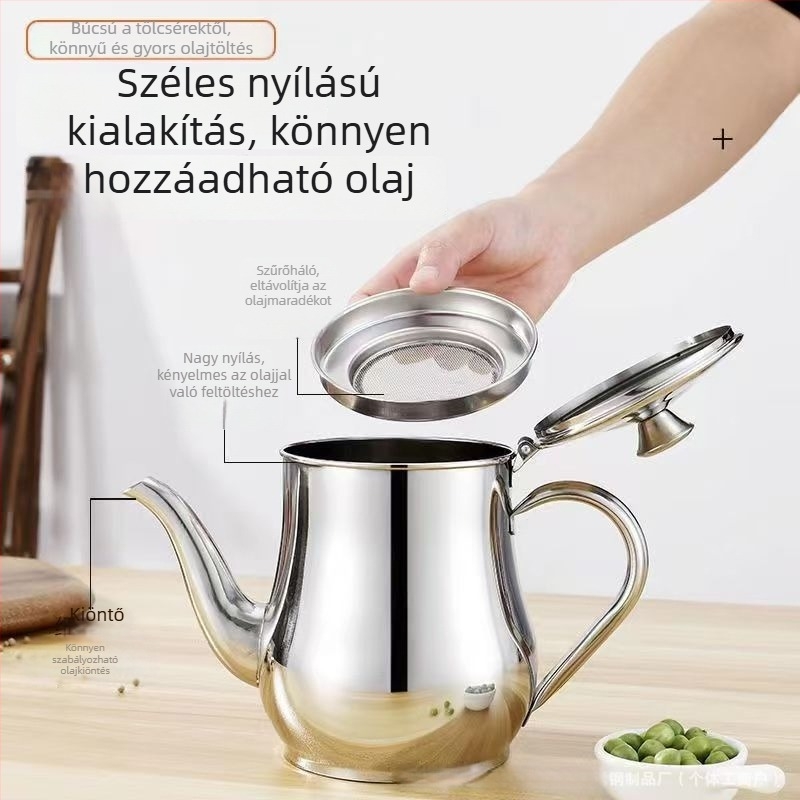 Háztartási rozsdamentes acél olajtartó, szivárgásmentes, szűrővel ellátott, vastagított kivitelű konyhai fűszertartó, nagy kapacitású