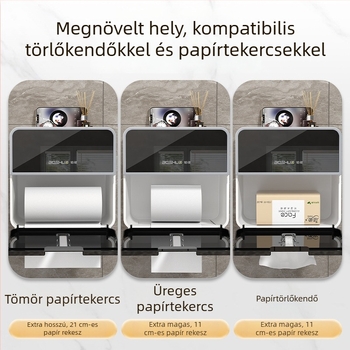 Fali tartó toalettpapír és zsebkendő tároló fürdőszobába, luxus, dupla réteg, fúrás nélküli telepítés