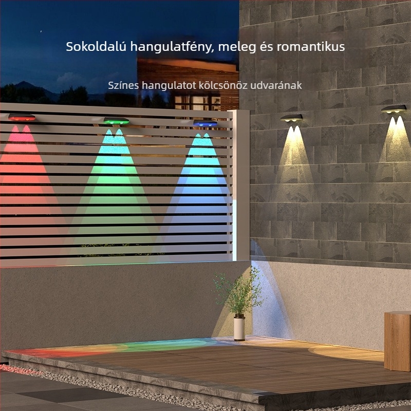 Napelemes kültéri falikar, hét színű RGB világítással és fényérzékelővel, kerítéshez