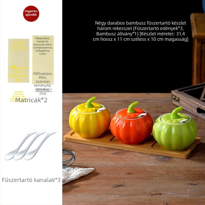 Kerámia fűszertartó készlet fedőkkel: MSG-üveg, sótartó, cukortartó és chiliolajtartó, háromszínű tök mintával