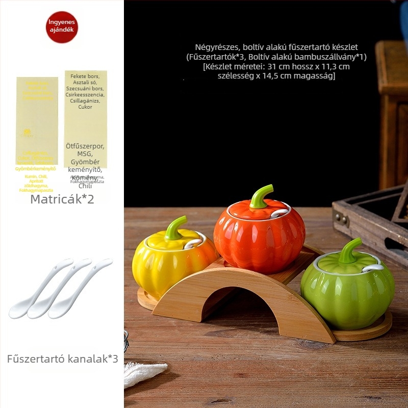 Kerámia fűszertartó készlet fedőkkel: MSG-üveg, sótartó, cukortartó és chiliolajtartó, háromszínű tök mintával