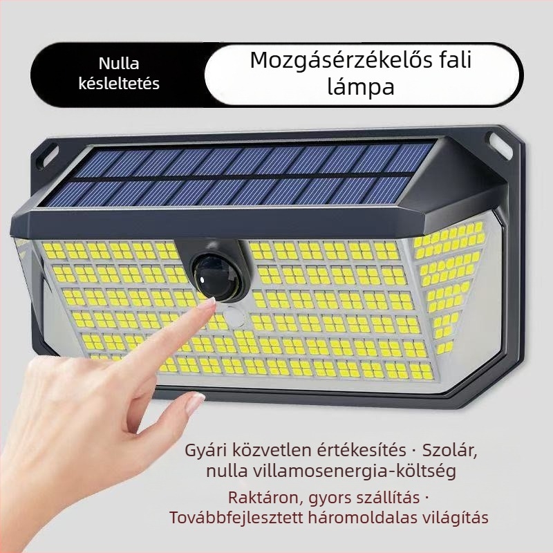 Napelemes mozgásérzékelős kültéri falikar villákhoz és kertekhez, IP65 vízálló LED lámpa hosszú élettartammal