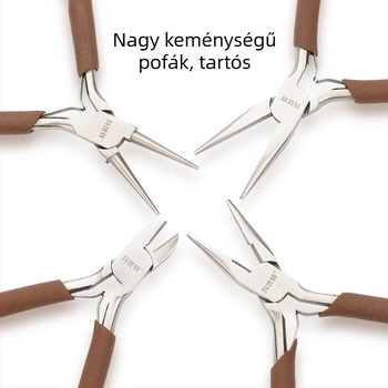Szénacélból készült kéziszerszámok ékszerkészítéshez: hegyes végű fogók, kerek végű fogók, görbült végű fogók, vágó fogó és drót tekeréséhez.