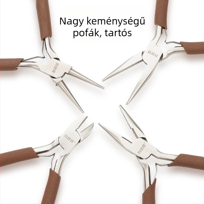Szénacélból készült kéziszerszámok ékszerkészítéshez: hegyes végű fogók, kerek végű fogók, görbült végű fogók, vágó fogó és drót tekeréséhez.