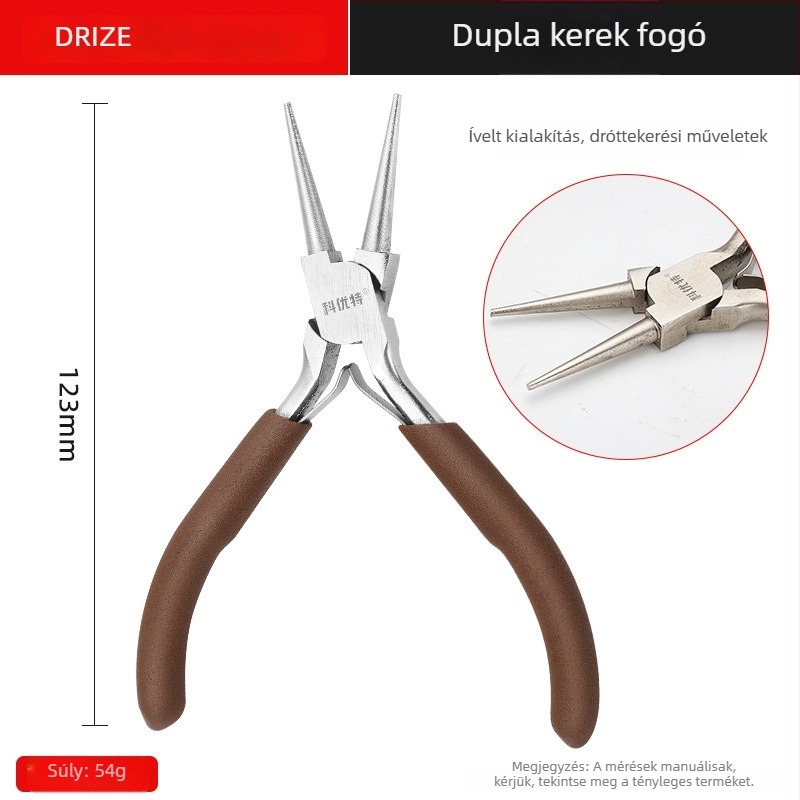 Szénacélból készült kéziszerszámok ékszerkészítéshez: hegyes végű fogók, kerek végű fogók, görbült végű fogók, vágó fogó és drót tekeréséhez.