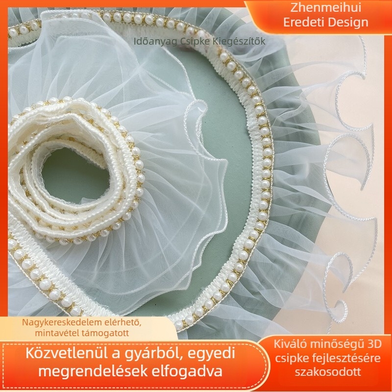9 cm széles fehér organza gyöngyökkel és plisével díszített ruhaszegély – ruhákhoz és háziállat‑nyakörvökhöz