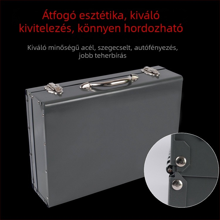 Vastagított és meghosszabbított fémből készült szerszámos doboz tárolóval, autójavításra és otthoni használatra