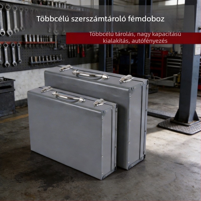 Vastagított és meghosszabbított fémből készült szerszámos doboz tárolóval, autójavításra és otthoni használatra