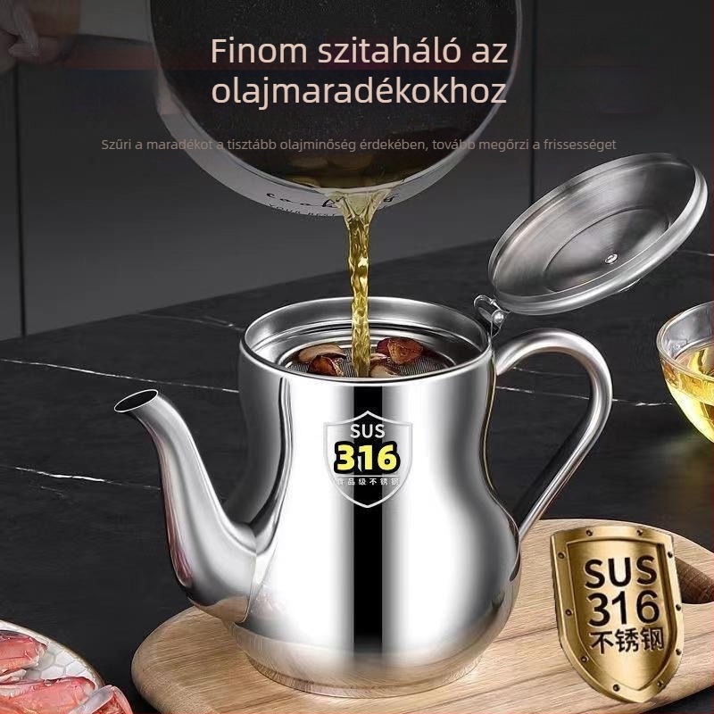 Rozsdamentes acél olajtartó szűrővel, szivárgásmentes konyhai olajtartó palack