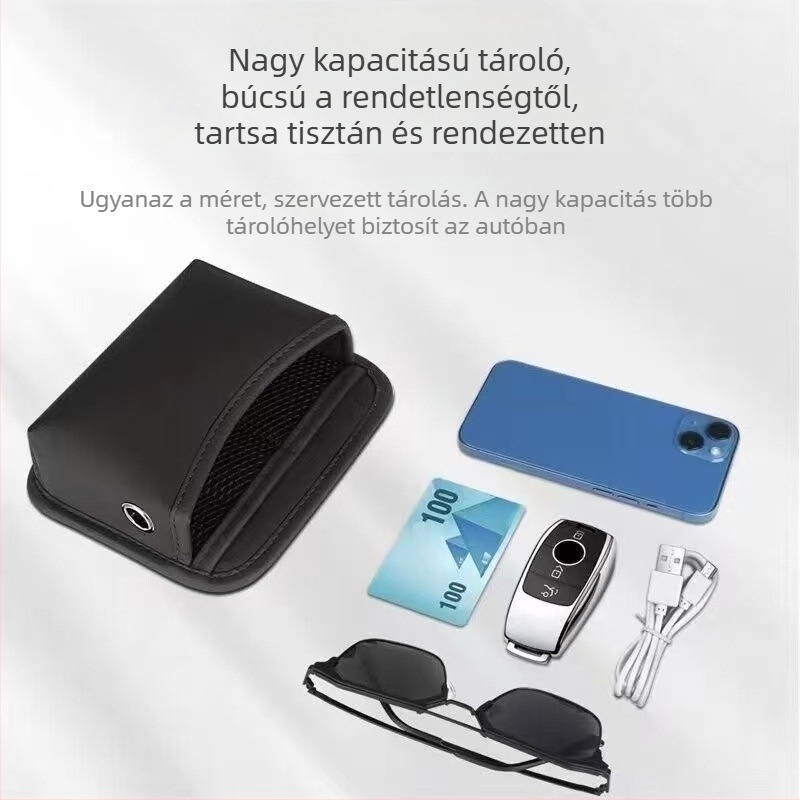 Bőr autós telefontartó, tárolózsebbel a légkivezető nyílásához és az ülés és a műszerfal közötti réshez