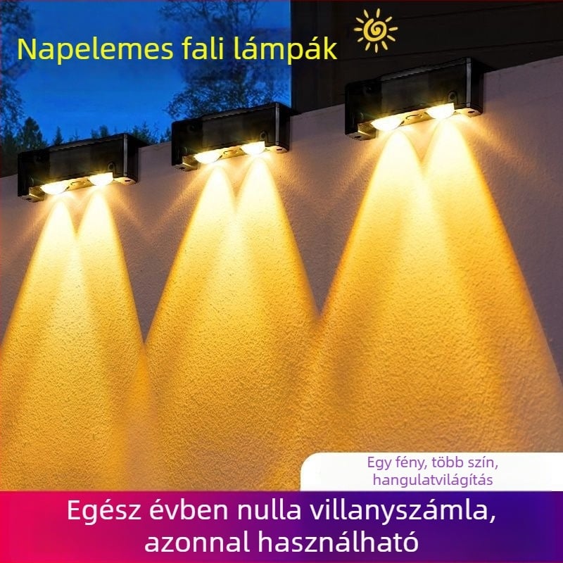 Napelemes kerti kültéri falikar, IP65 vízálló, falmosó világítás, villa kerítés világítás, dekoratív lépcsőfény