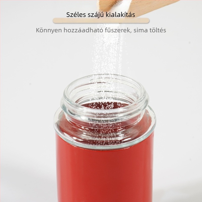 Színes rozsdamentes acél fűszertartók adagolóval kömény és bors számára, és üveges sószórók a háztartási konyhához