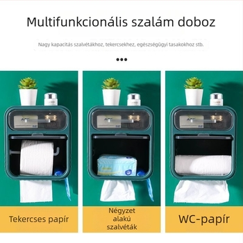 Falra szerelhető, többrekeszes tároló arc törlő kendők és WC-papír tekercsek számára a fürdőszobában