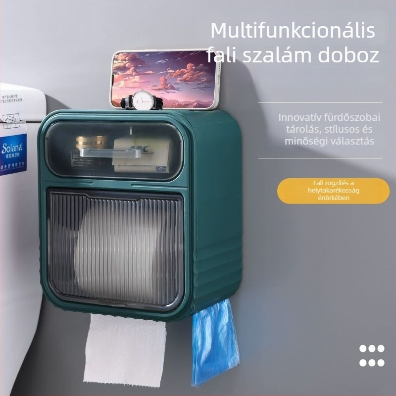 Falra szerelhető, többrekeszes tároló arc törlő kendők és WC-papír tekercsek számára a fürdőszobában