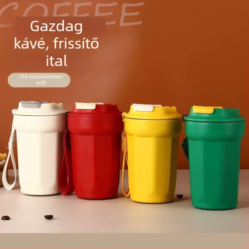 Nőknek szánt hordozható szigetelt pohár, nyolcszögletű kávés pohár 316L rozsdamentes acélból, testreszabható logó, kényelmes kültéri használathoz hordozópánttal