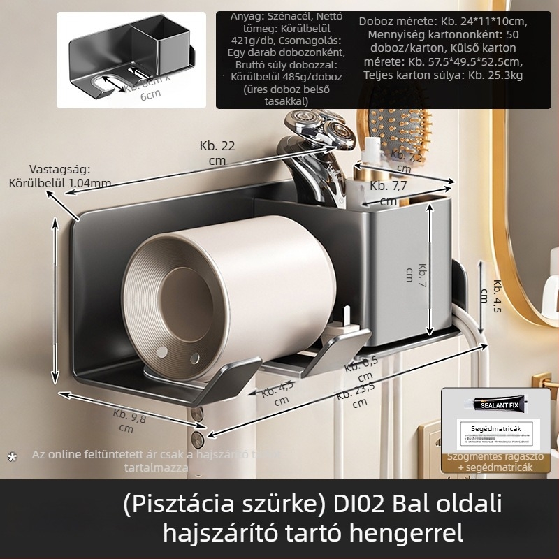 Fali fürdőszobai szervező: hajszárító-tartó és toalettpapír-tartó, multifunkcionális, rögzítés fúrás nélkül