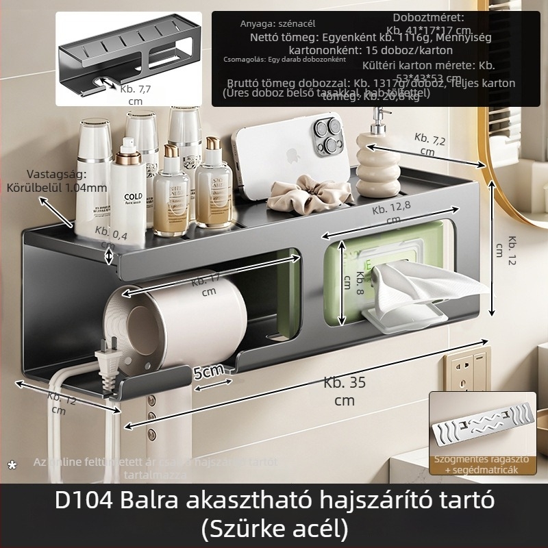 Fali fürdőszobai szervező: hajszárító-tartó és toalettpapír-tartó, multifunkcionális, rögzítés fúrás nélkül