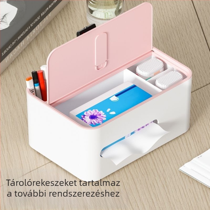 Műanyag asztali papírzsebkendő doboz nappaliba – modern letisztult stílus, többfunkciós távirányító tartóval