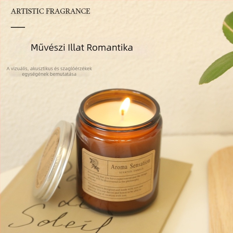 Kézzel készített dohánymentes aromaterápiás gyertya ambrás üvegben, illatos ajándék