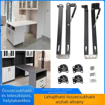 Fekete, többfunkciós lehajtható asztal rejtett teleszkópos vezetőkkel
