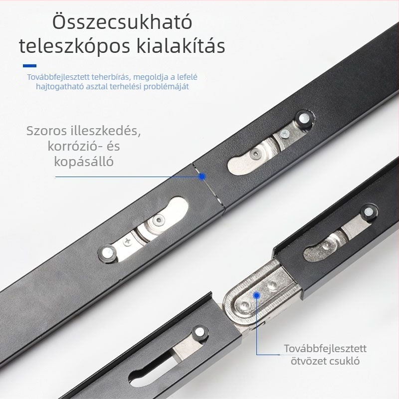 Fekete, többfunkciós lehajtható asztal rejtett teleszkópos vezetőkkel