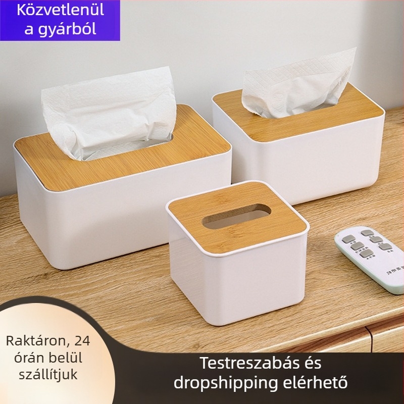 Bambuszból készült minimalist zsebkendő-tartó otthonra, nappaliba és kávéasztalra – nyomtatott logóval