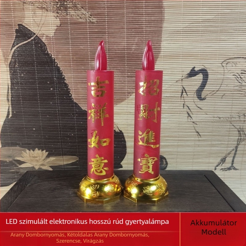 Vörös akkumulátoros LED gyertya lámpa Buddha-imádatra és házavatóra, füstmentes, hosszú rúdszerű kivitel