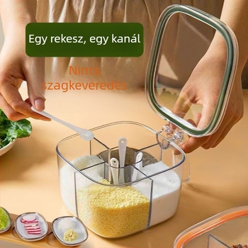 Üvegből készült többszekciós fűszertartó készlet lezárható sótartóval