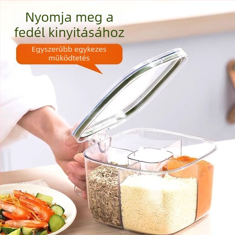 Üvegből készült többszekciós fűszertartó készlet lezárható sótartóval