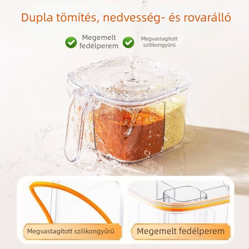 Üvegből készült többszekciós fűszertartó készlet lezárható sótartóval