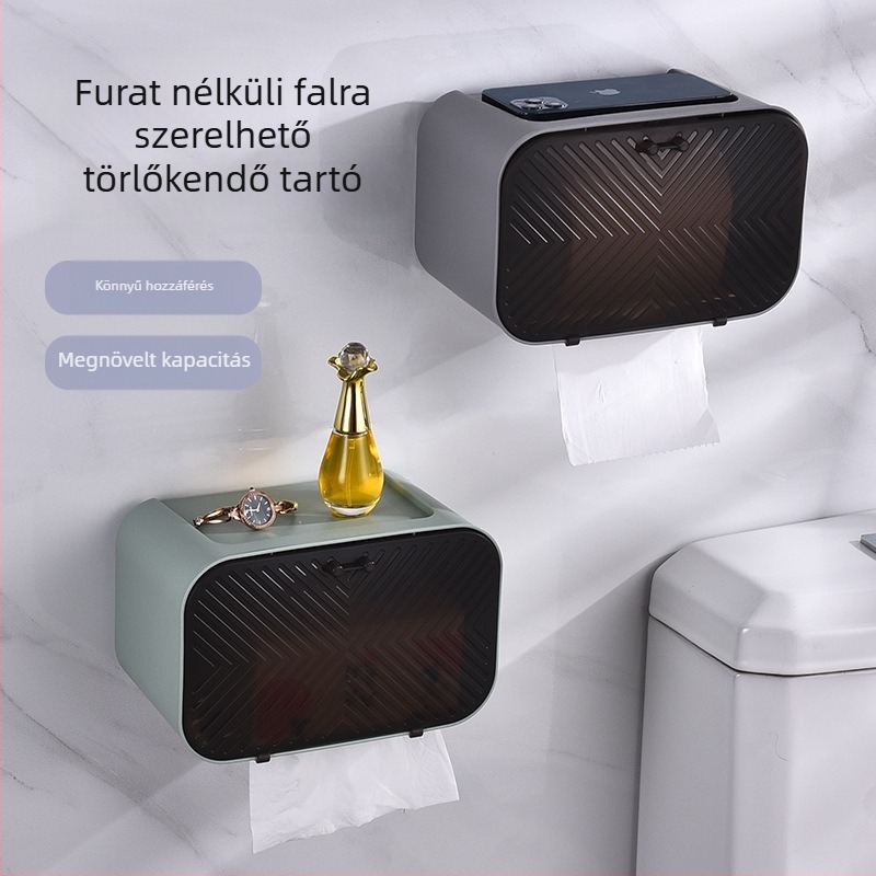 Falra szerelhető vécépapír tartó fúrás nélkül, vízálló és porálló tároló a fürdőszobába